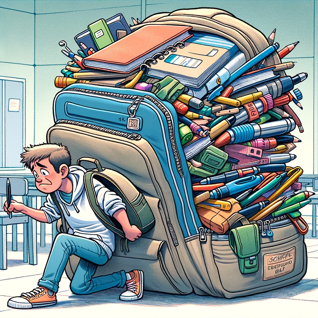 A student struggling to carry an overly stuffed backpack, leaning backward under its weight. Next panel, they are searching for a single pen in the depths of the bag. Caption reads: "Just a few essentials for today's classes." School setting, cartoon style, showing the student overwhelmed by the enormous backpack.