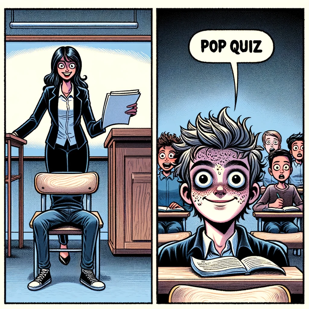 A student sitting casually in a classroom, looking relaxed. The next panel shows the same student with wide eyes and a look of terror as a teacher stands in front, announcing a pop quiz. Caption: "Pop Quiz: The ultimate horror story."