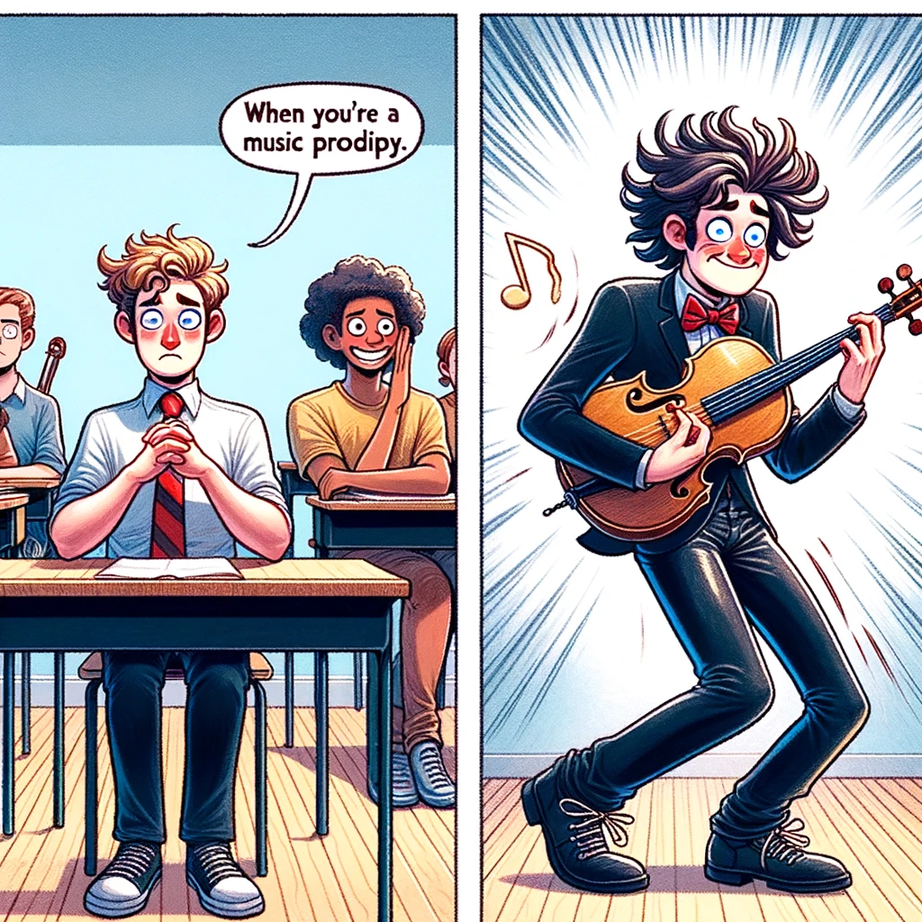 A student nervously holding a musical instrument in front of the class. In the next panel, the same student is confidently and flamboyantly playing the instrument. Caption: "When you're a secret music prodigy."