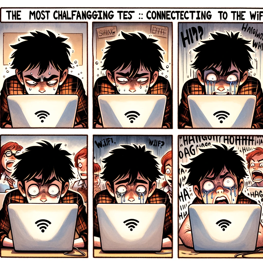 A student looking at a laptop with increasing stages of frustration and despair, trying to connect to the school WiFi. Each panel shows a different stage of their struggle. Caption: "The most challenging test in school: Connecting to the WiFi."