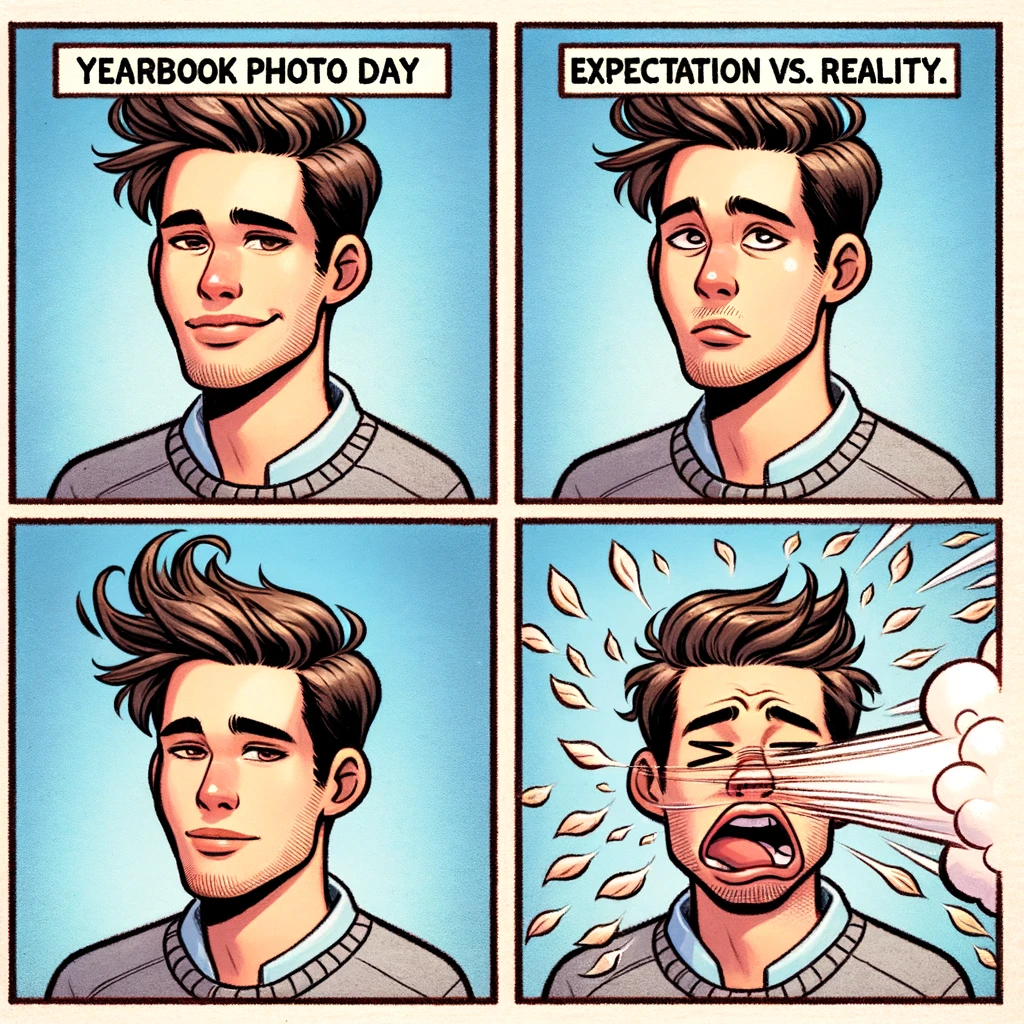 A student posing perfectly for a yearbook photo, looking confident and well-groomed. In the next panel, the same student is caught off-guard by a gust of wind or a sneeze, ruining the shot. Caption: "Yearbook photo day: Expectation vs. Reality."