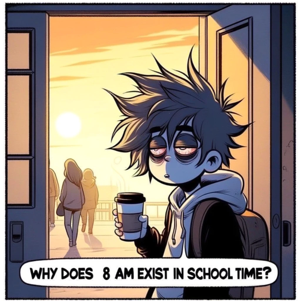 Early Morning Classes Meme: A cartoon-style image of a student with disheveled hair and half-closed eyes, holding a cup of coffee. The student is standing outside a classroom door, with the sun just rising in the background. Include a caption at the bottom: "Why does 8 AM exist in school time?"