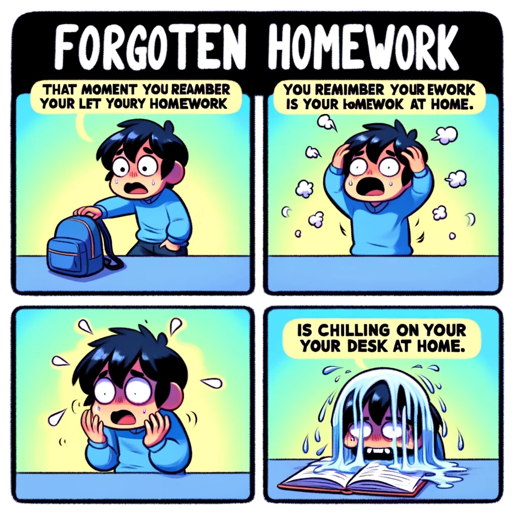 Forgotten Homework Meme: A cartoon-style image showing a student in a panic, patting their pockets and backpack. In the next panel, the student's face drops with realization that they left their homework at home. Include a caption at the bottom: "That moment you remember your homework is chilling on your desk at home."