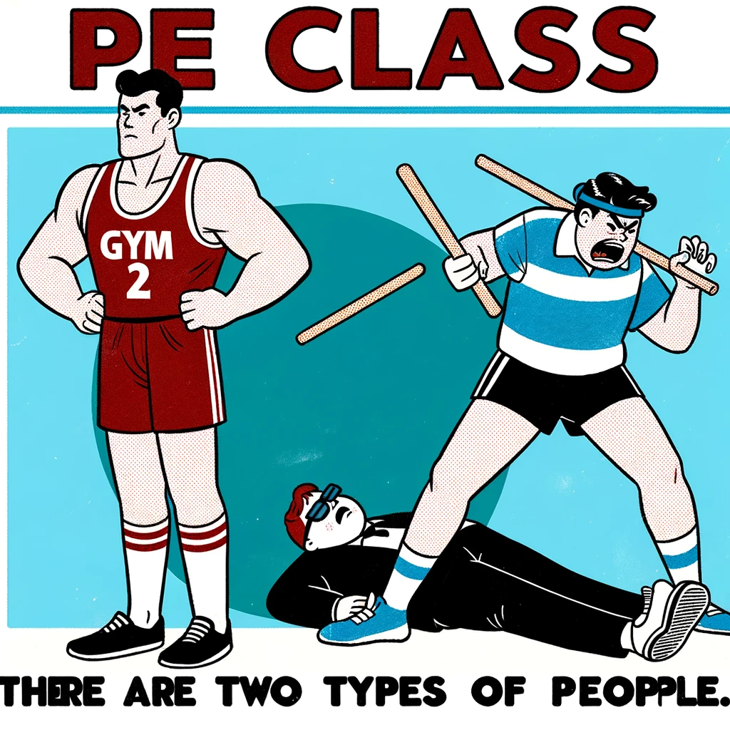 PE Class Meme: A cartoon-style image depicting students in gym attire. One looks athletic and ready, while the other is dramatically sprawled on the ground, pretending to be unable to move. Include a caption at the bottom: "PE Class: There are two types of people."