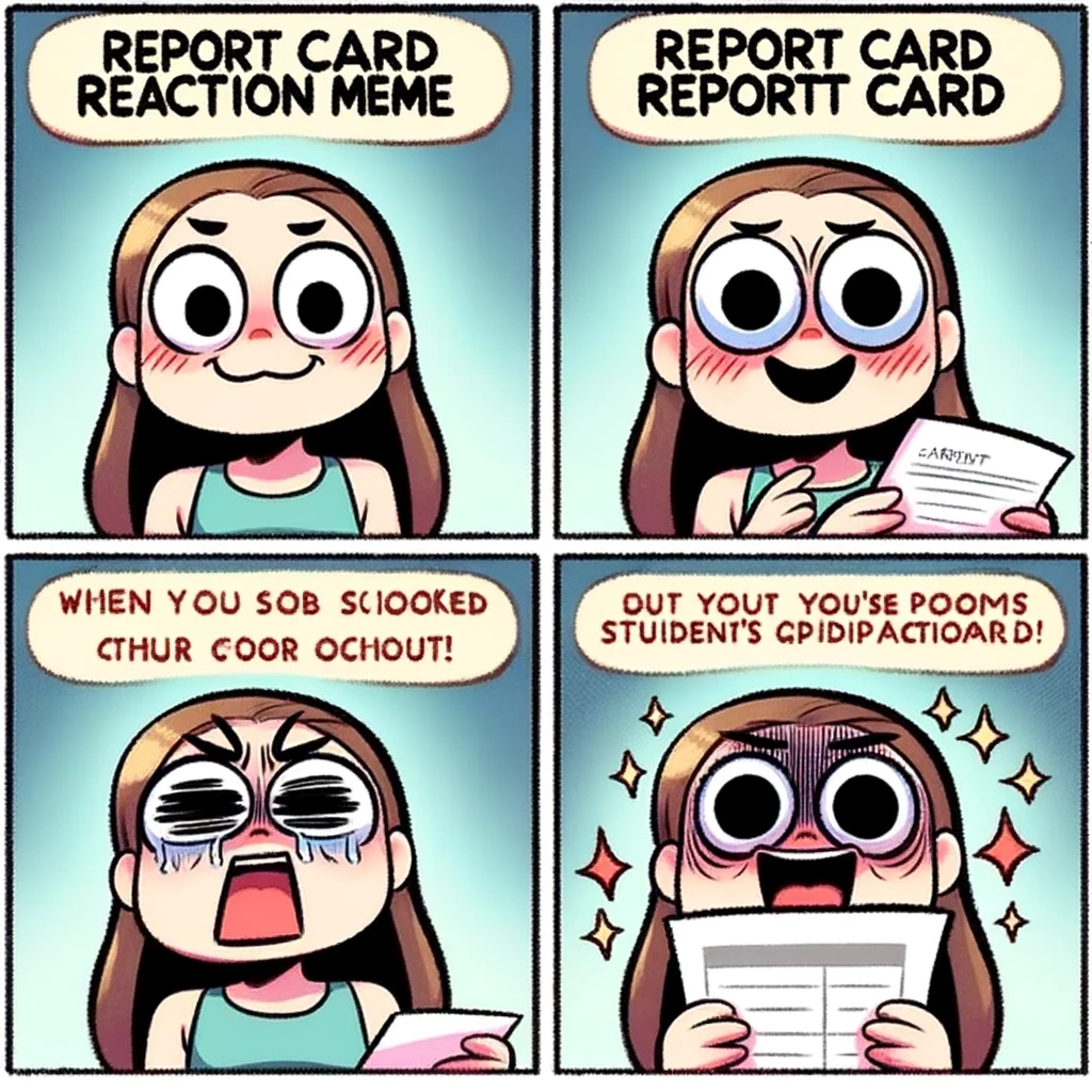 Report Card Reaction Meme: Two-panel cartoon-style image. First panel shows a parent's eager, smiling face. Second panel shows their shocked/disappointed/happy expression as they look at a student's report card. Include a caption that varies based on the parent's reaction.