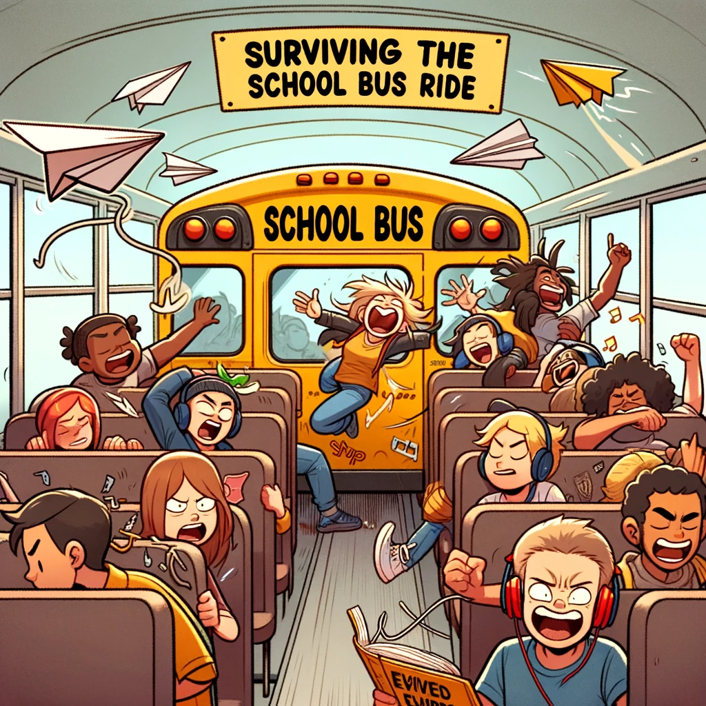School Bus Chronicles Meme: A cartoon-style image of a rowdy school bus full of students. Show paper airplanes flying, someone blasting music, and another student quietly trying to read a book. Include a caption at the bottom: "Surviving the school bus ride."