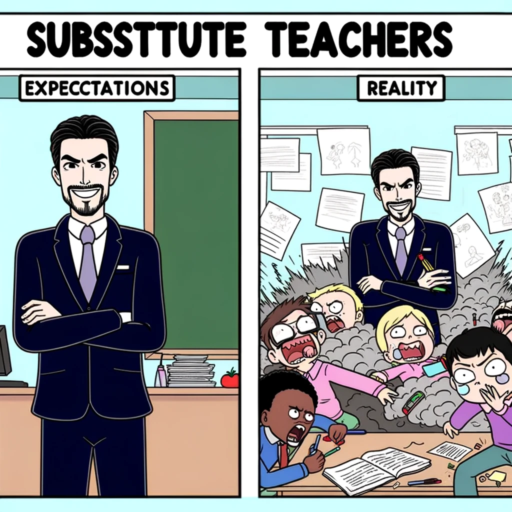 Substitute Teacher Meme: Two-panel cartoon-style image. First panel shows a substitute teacher looking confident and in control. In the next panel, the classroom is in total chaos behind their back. Include a caption at the bottom: "Substitute teachers: Expectations vs. Reality."