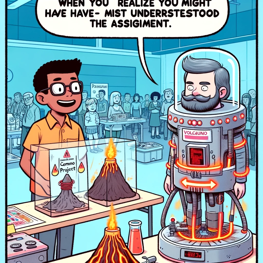 Science Fair Project Meme: A cartoon-style image of two students at a science fair. One proudly presenting a simple volcano project, and next to them, another student with an overly complex, sci-fi looking invention. Include a caption at the bottom: "When you realize you might have misunderstood the assignment."