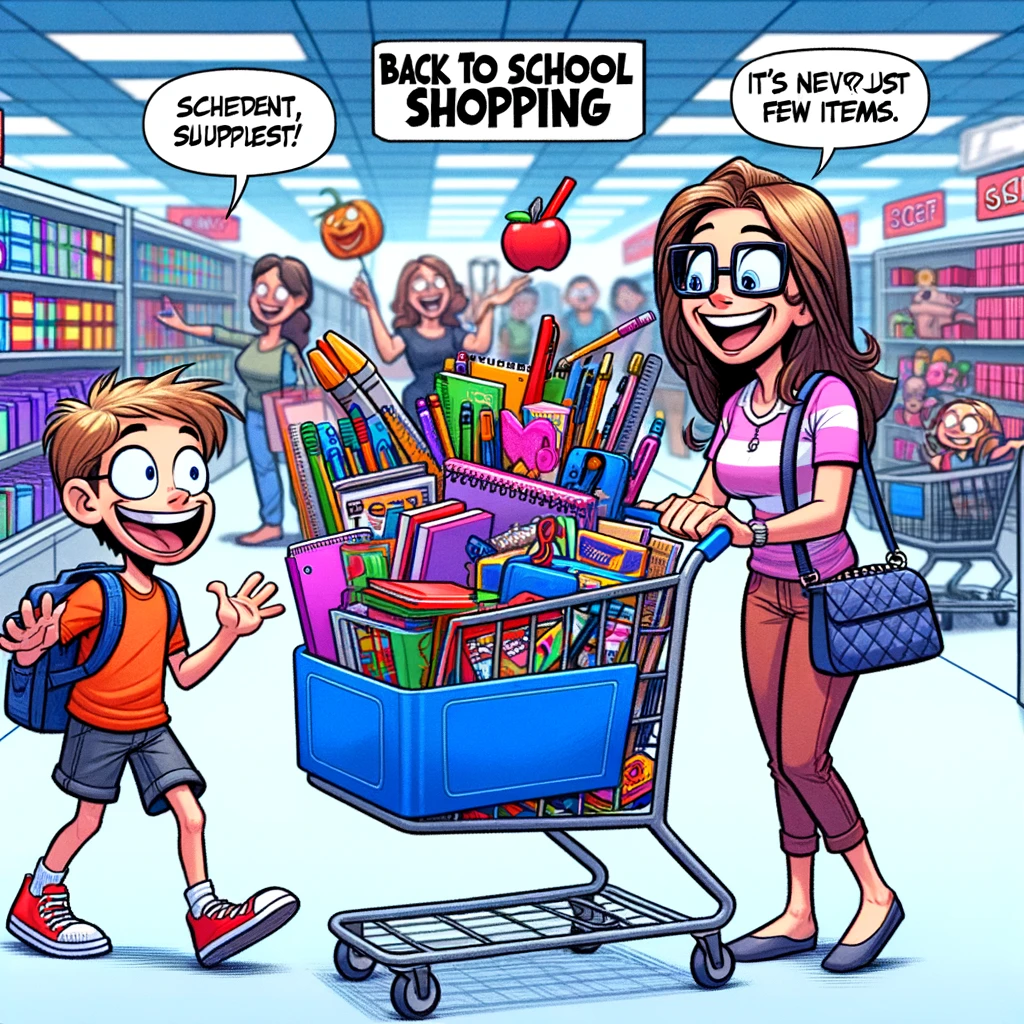 Back to School Shopping Meme: A cartoon-style image of a student and parent at a store. The student is excitedly picking out fun supplies, while the parent's shopping cart is filled to the brim with an endless amount of notebooks and pens. Include a caption at the bottom: "Back to school shopping: It's never just a few items."