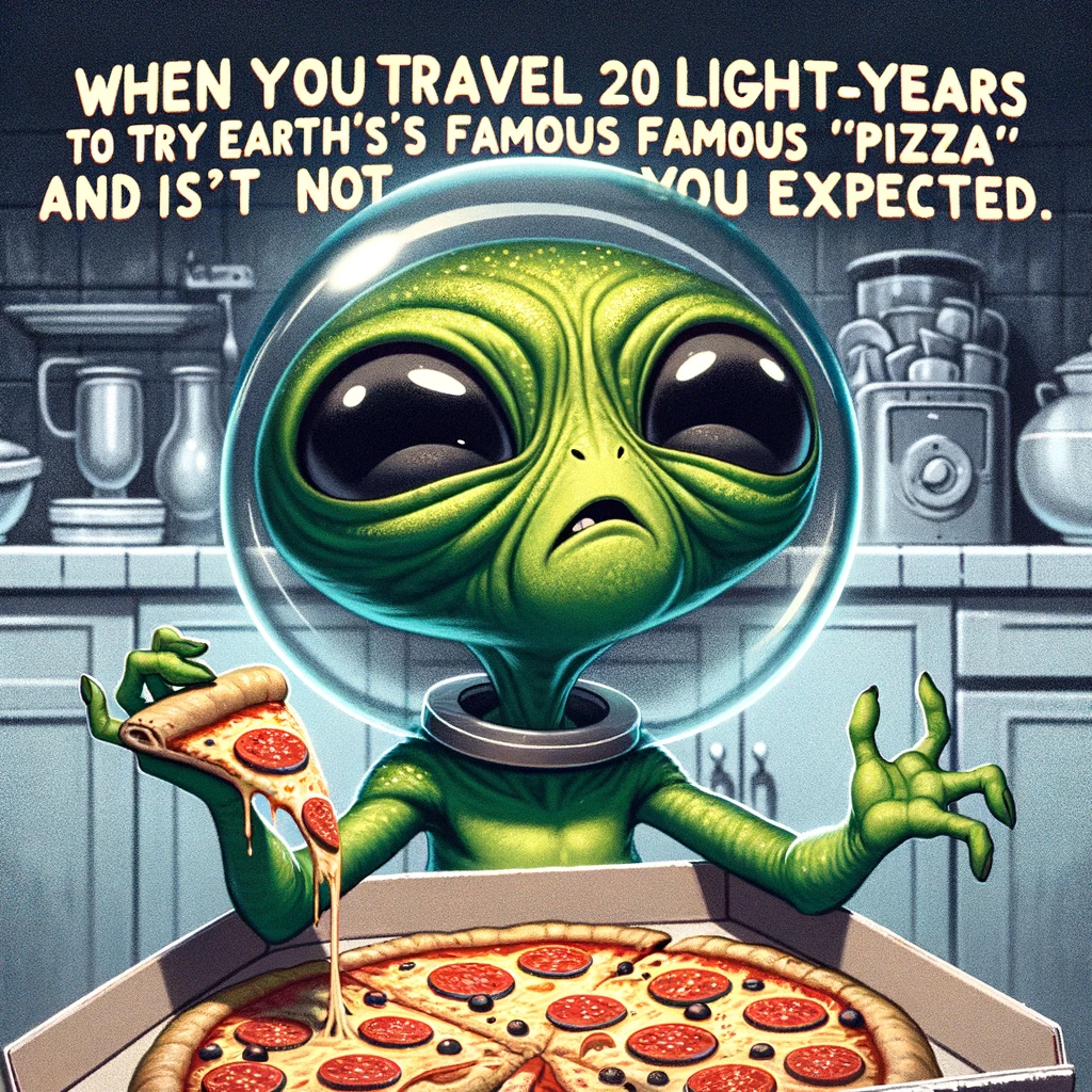 A confused alien trying pizza for the first time. The alien has a perplexed expression, holding a slice of pizza. The alien is cartoonish, with green skin, big eyes, and small tentacles. The background is a typical Earth kitchen. Include a caption in bold text at the bottom: "When you travel 20 light-years to try Earth's famous 'pizza' and it's not what you expected."