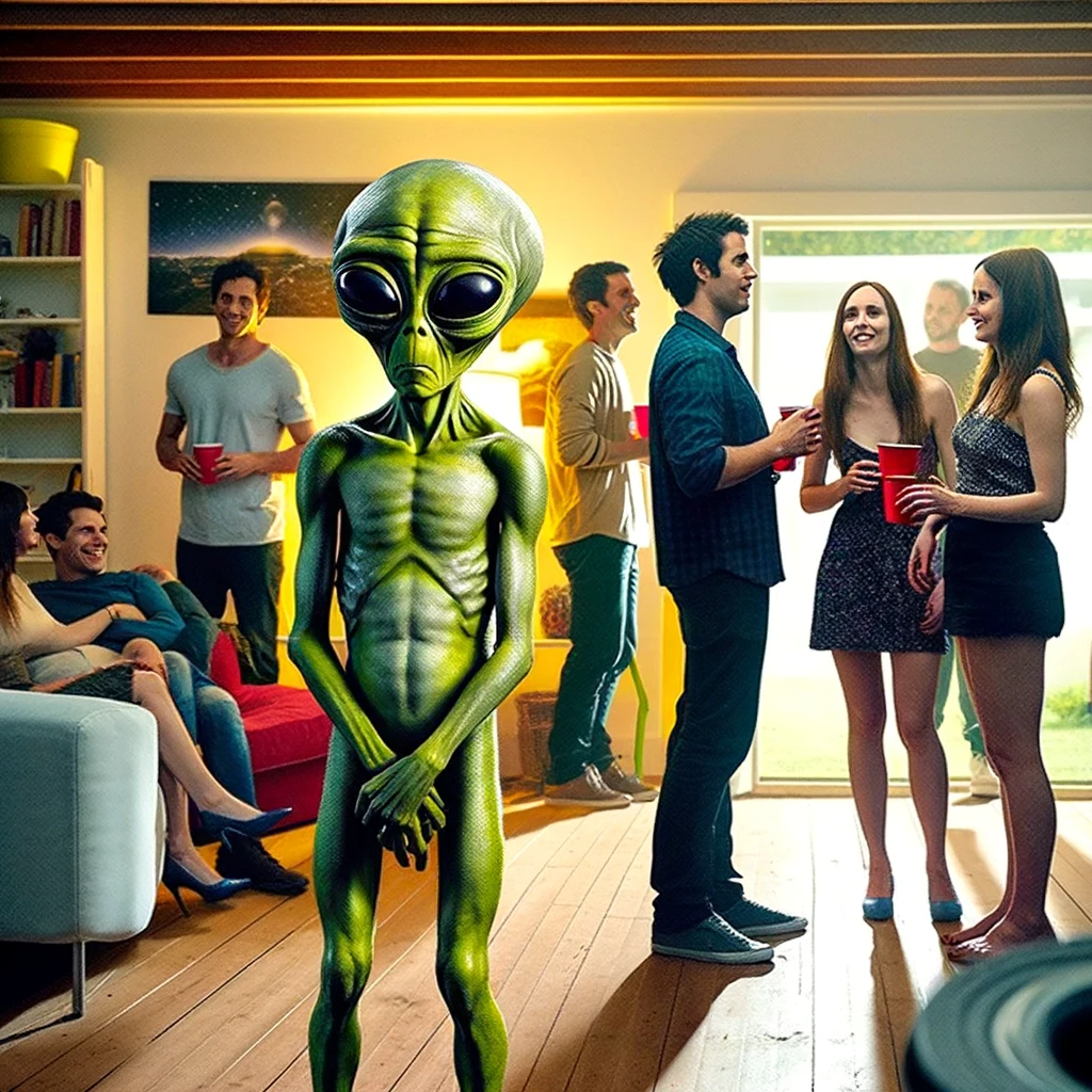 An alien awkwardly standing in the corner at a house party, looking out of place. The alien has a green skin tone, large eyes, and is slightly shorter than the humans around it. The party scene is lively, with humans chatting and laughing, but the alien stands alone, looking unsure. The caption at the bottom reads, "When you're from a different galaxy and don't know how to blend in at Earth parties." The image has a humorous and light-hearted tone.