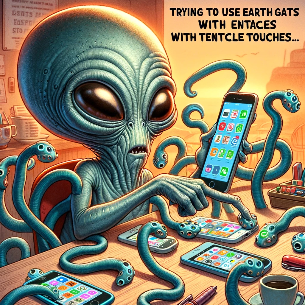 An alien trying to use a smartphone with its tentacles, pressing multiple buttons at once. The alien is visibly confused, with its large eyes focused on the screen. The smartphone screen is cluttered with random apps opened due to multiple tentacle touches. The alien is in a modern Earth setting, perhaps at a cafe or a park. The caption at the bottom reads, "Trying to use Earth gadgets with tentacles... #AlienStruggles." The image should be humorous and depict the alien's struggle amusingly.
