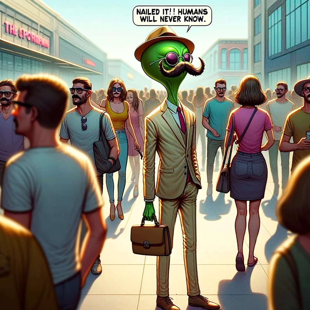 An alien wearing a ridiculous disguise among humans, thinking it's perfectly blended in. The alien is tall and slender, with a green skin tone. It wears a large, fake mustache, oversized glasses, and a hat, looking utterly conspicuous. The humans around the alien are going about their daily activities, oblivious to its presence. The scene is set in a busy urban street or a shopping mall. The caption at the bottom reads, "Nailed it! Humans will never know." The image has a comedic tone, highlighting the alien's naive attempt at blending in.