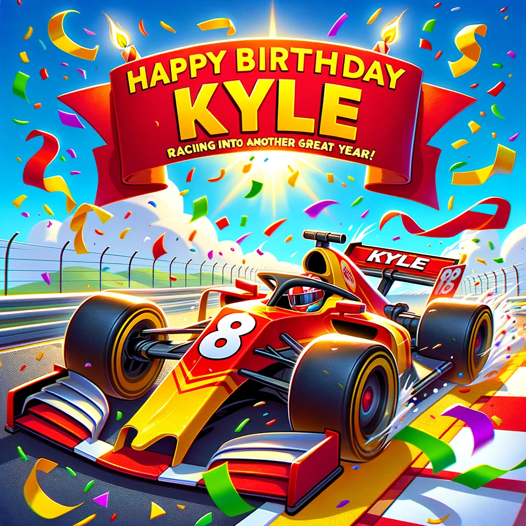 A vibrant and playful cartoon scene for a "Racing to the Future" theme birthday card for Kyle. The image shows a cartoon race car, brightly colored in red and yellow, with the name "Kyle" emblazoned in bold letters on the side. The race car is dynamically illustrated, zooming on a race track that's creatively shaped like the number 8, symbolizing Kyle's age. Excitingly, colorful confetti is flying in the air, creating a festive atmosphere. Overhead, there's a large, celebratory banner that reads, "Happy Birthday Kyle! Racing into another great year!" The background is a clear, sunny sky, adding to the cheerful vibe of the image. This scene is perfect for a birthday card that's full of energy and fun, celebrating Kyle's love for racing.