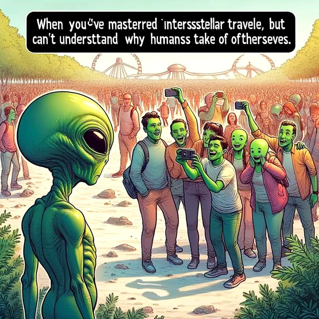 An alien looking at a group of people taking selfies, utterly baffled. The alien is characterized by its large, expressive eyes and green skin, displaying a look of confusion and curiosity. The group of people are in a typical Earth setting, like a tourist spot or a city park, enthusiastically taking selfies. The alien is observing them from a short distance, trying to comprehend the activity. The caption at the bottom reads, "When you've mastered interstellar travel but can't understand why humans take pictures of themselves." The image should convey the alien's bewilderment in a humorous way.