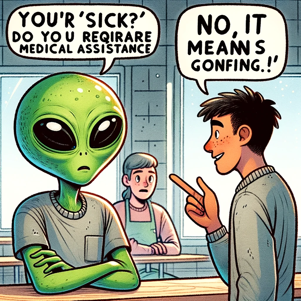 An alien looking puzzled with a speech bubble saying, "You're 'sick'? Do you require medical assistance?" and a human responding, "No, it means good!" The alien has a green skin tone, large curious eyes, and a tilted head, indicating confusion. The human is casually dressed, looking amused and explaining with a hand gesture. They are in a casual Earth setting like a coffee shop or a school. The caption at the bottom reads, "Earth slang is so confusing." The image should be light-hearted and humorous, highlighting the alien's confusion over Earth slang.