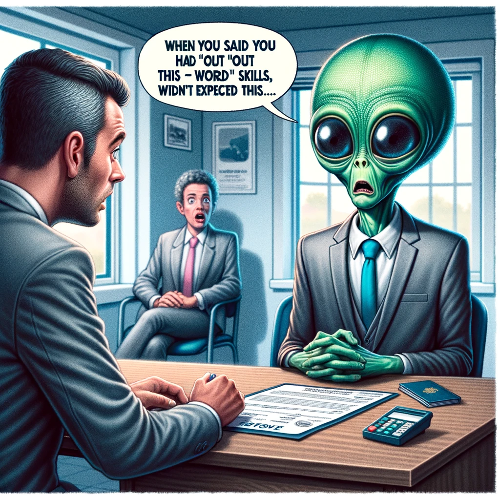 An alien in a suit, sitting nervously in a job interview, with the interviewer looking surprised. The alien is green-skinned, with large eyes, trying to appear confident but looking anxious. It's wearing a formal suit, slightly ill-fitting. The interviewer is a human, dressed professionally, with an expression of shock and curiosity. The setting is an office environment, with typical interview elements like a desk, chairs, and a resume on the table. The caption at the bottom reads, "When you said you had 'out of this world' skills, we didn't expect this..." The image should be humorous and capture the awkwardness of the situation.
