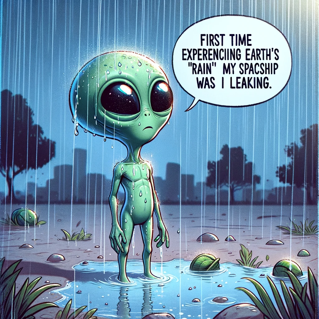 An alien standing in the rain for the first time, looking up in amazement. The alien has a slender build, green skin, and large, expressive eyes, conveying a sense of wonder. Raindrops are falling around, with a few landing on the alien. The setting is an Earth-like environment, possibly a city street or a park, with trees and buildings in the background. The caption at the bottom reads, "First time experiencing Earth's 'rain'. Thought my spaceship was leaking." The image should have a whimsical and light-hearted tone, capturing the alien's first encounter with rain.