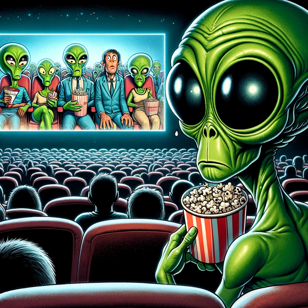 An alien watching a sci-fi movie about aliens and looking confused or offended. The alien has a green skin tone, with large, puzzled eyes, sitting in a movie theater with a bucket of popcorn. The movie screen shows a typical sci-fi scene with exaggerated alien characters. Other moviegoers are engrossed in the film, unaware of the real alien's reaction. The caption at the bottom reads, "This is nothing like my home planet! #NotAllAliens." The image should be humorous, capturing the alien's bemusement and the irony of the situation.