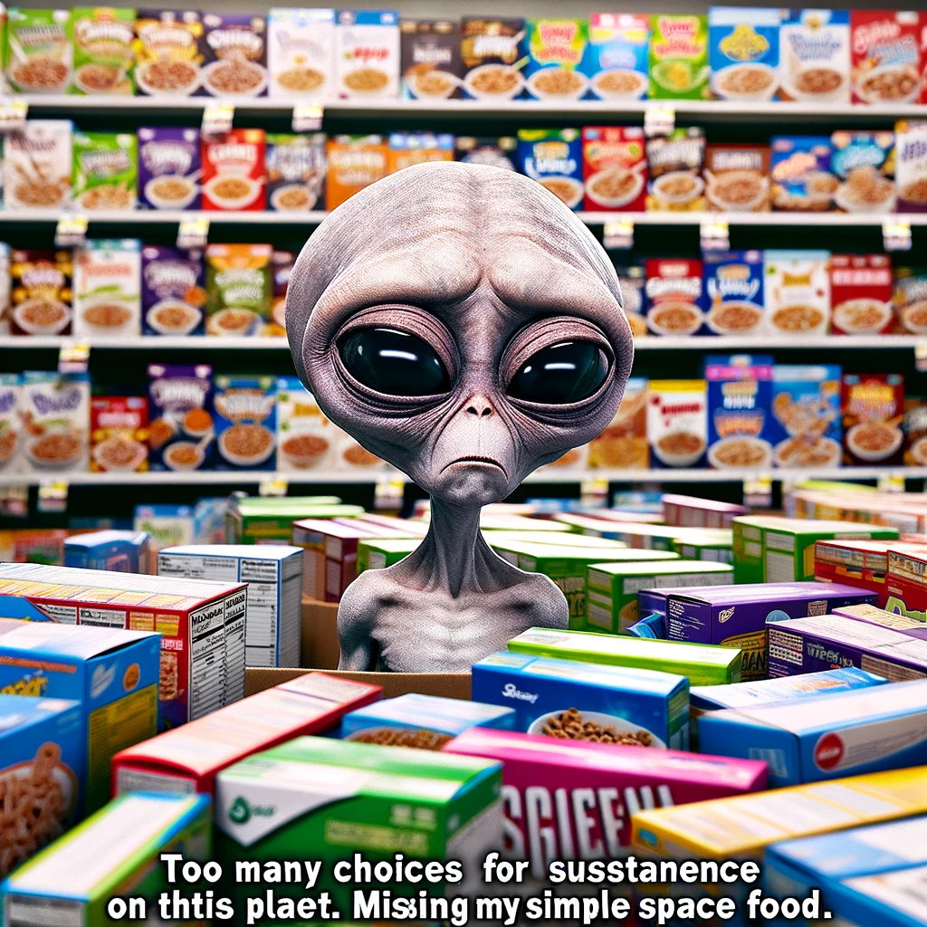 An alien looking confused in the cereal aisle of a grocery store. The alien is surrounded by a variety of cereal boxes, looking overwhelmed. The expression on its face should be one of bewilderment. The caption at the bottom reads, "Too many choices for sustenance on this planet. Missing my simple space food."