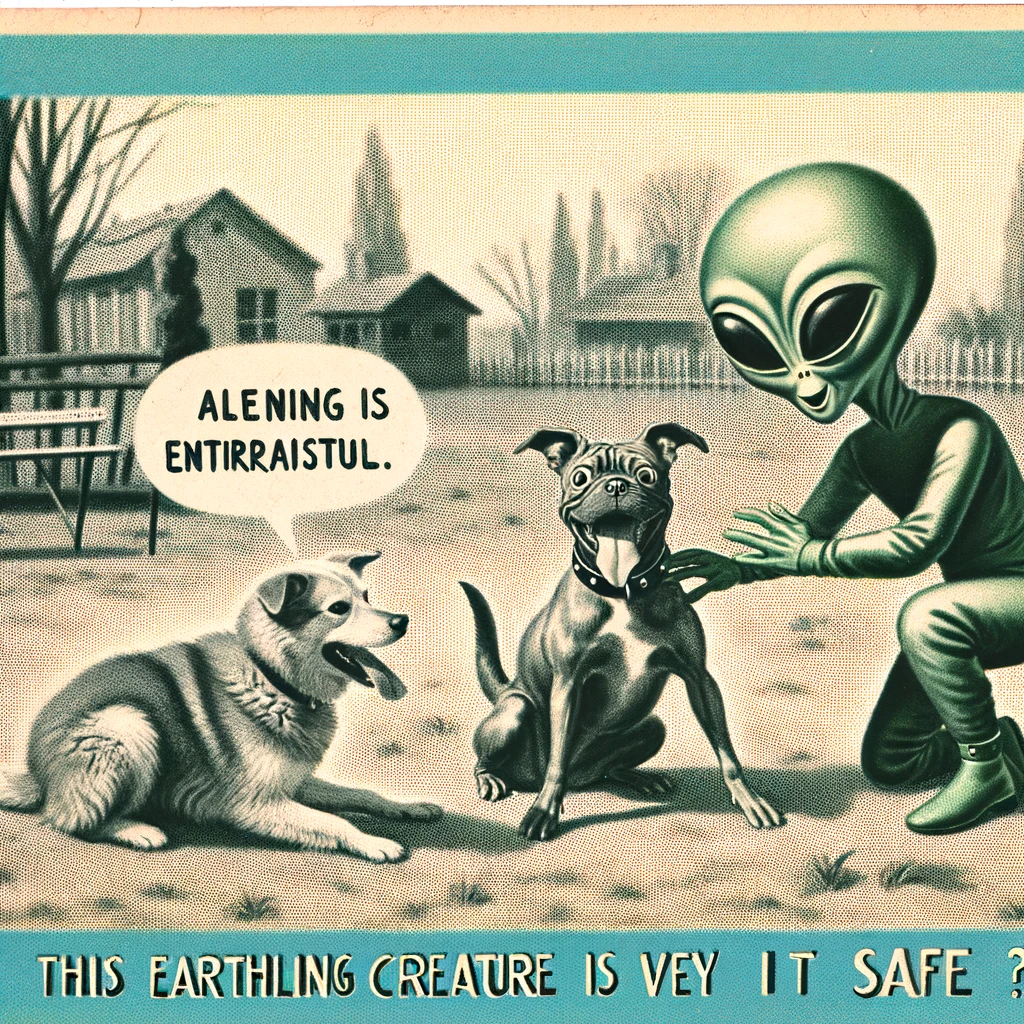 An alien tentatively petting a dog, while the dog looks excited. The alien appears curious and a bit cautious. The setting is a park or a backyard. The caption at the bottom says, "This earthling creature is very enthusiastic. Is it safe?"