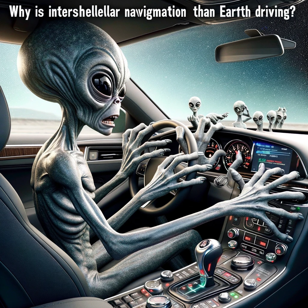 An alien behind the wheel of a car, looking nervous and pressing all the buttons at once. The interior of the car should be visible, with the alien's multiple hands touching various controls. The alien's expression is one of confusion and anxiety. The caption at the bottom reads, "Why is interstellar navigation easier than Earth driving?"