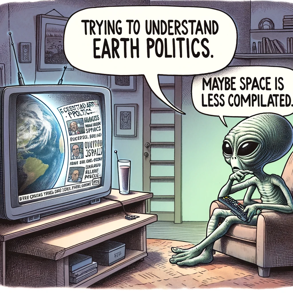 An alien watching TV, increasingly confused and concerned. The TV screen should show a news broadcast. The alien's expression shows a mix of bewilderment and worry. The setting is a living room. The caption at the bottom says, "Trying to understand Earth politics. Maybe space is less complicated."