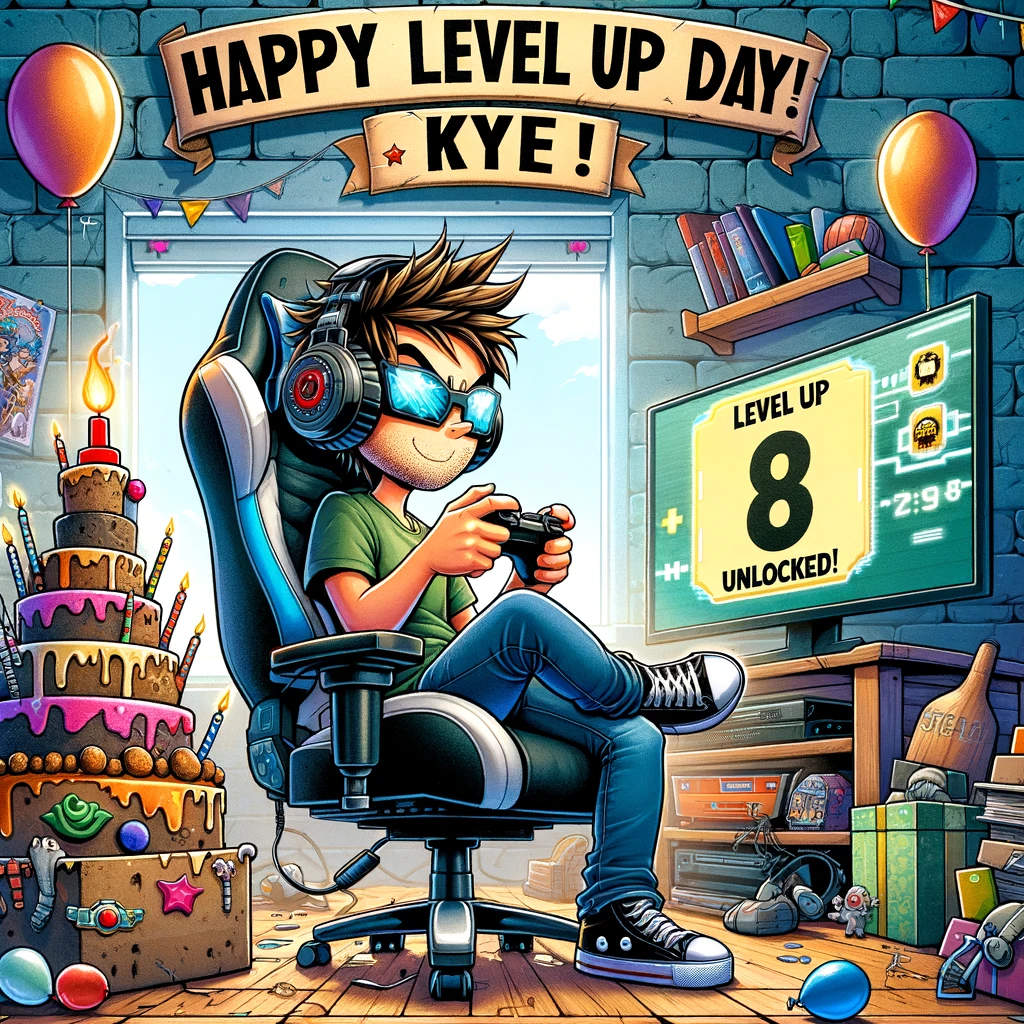 A lively and whimsical cartoon depiction for a "Gamer Kyle" theme birthday card. The scene portrays a cartoon character resembling Kyle, who's comfortably seated in a high-tech gamer chair. He's wearing a gaming headset and is intensely focused on a large screen in front of him. The screen creatively displays the message "Level 8 Unlocked!" signifying Kyle's age. Surrounding Kyle are festive decorations, including colorful balloons and a unique cake shaped like a game controller. The cake is intricately designed, adding to the playful atmosphere of the scene. Additionally, the room is adorned with text saying, "Happy Level Up Day, Kyle!" capturing the gaming spirit. This image is perfect for a birthday card that combines the excitement of gaming with a fun and personalized birthday celebration for Kyle.
