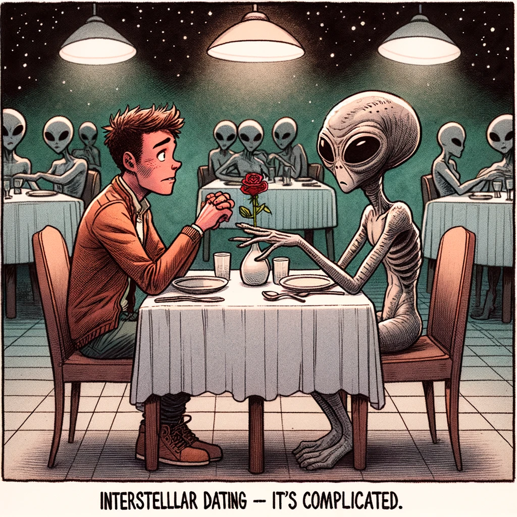An alien sitting across from a human at a dinner table, both looking awkward. The setting is a romantic restaurant. The alien should appear unsure, and the human looks a bit puzzled. The caption at the bottom reads, "Interstellar dating – it's complicated."