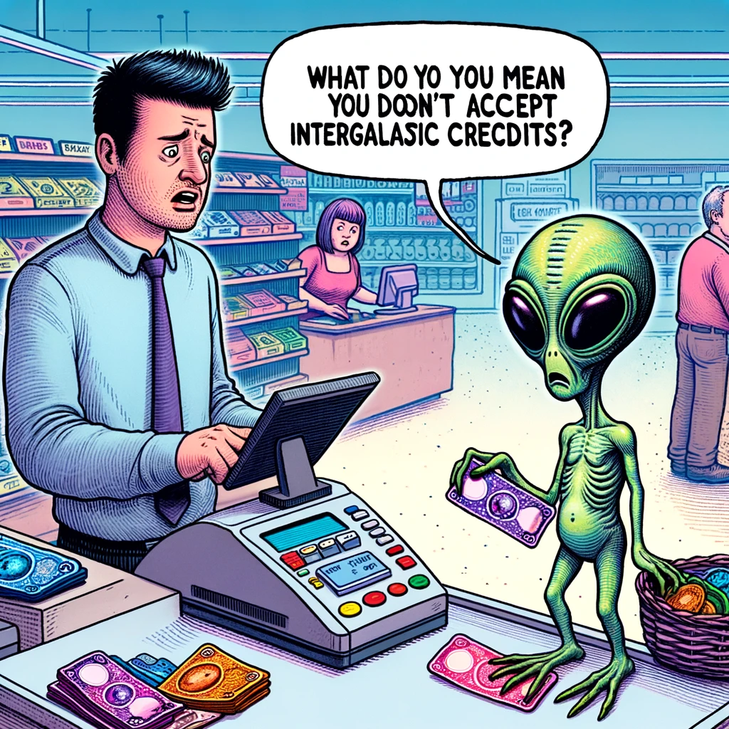 An alien at a checkout trying to pay with bizarre alien currency. The cashier looks confused, and the alien is holding strange, colorful, and unrecognizable money. The setting is a supermarket checkout. The caption at the bottom says, "What do you mean you don't accept intergalactic credits?"