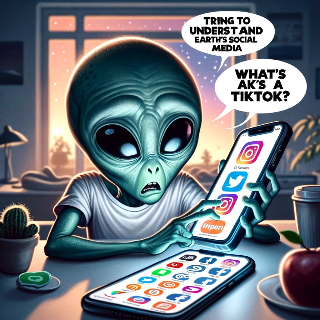 An alien looking at a smartphone screen with various social media apps open, looking bewildered. The alien should appear overwhelmed and confused by the plethora of apps and notifications. The setting can be a casual, modern environment. The caption at the bottom reads, "Trying to understand Earth's social media. What's a TikTok?"