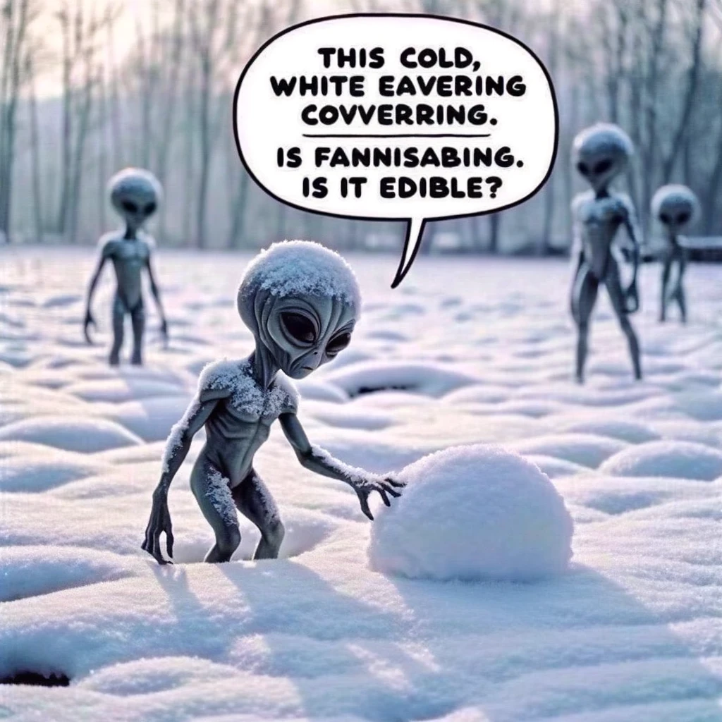 An alien standing in the snow for the first time, touching it curiously. The alien looks fascinated and a bit puzzled by the snow. The setting is a snowy landscape, possibly a park or garden. The caption at the bottom reads, "This cold, white Earth covering is fascinating. Is it edible?"