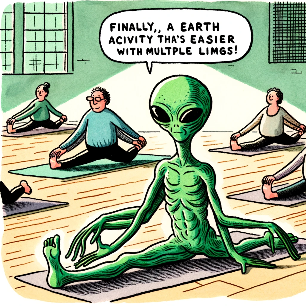 An alien in a yoga class, effortlessly doing a complex pose due to its flexible body. The setting is a yoga studio, with other people struggling with the pose. The alien looks calm and composed. The caption at the bottom says, "Finally, a Earth activity that's easier with multiple limbs!"