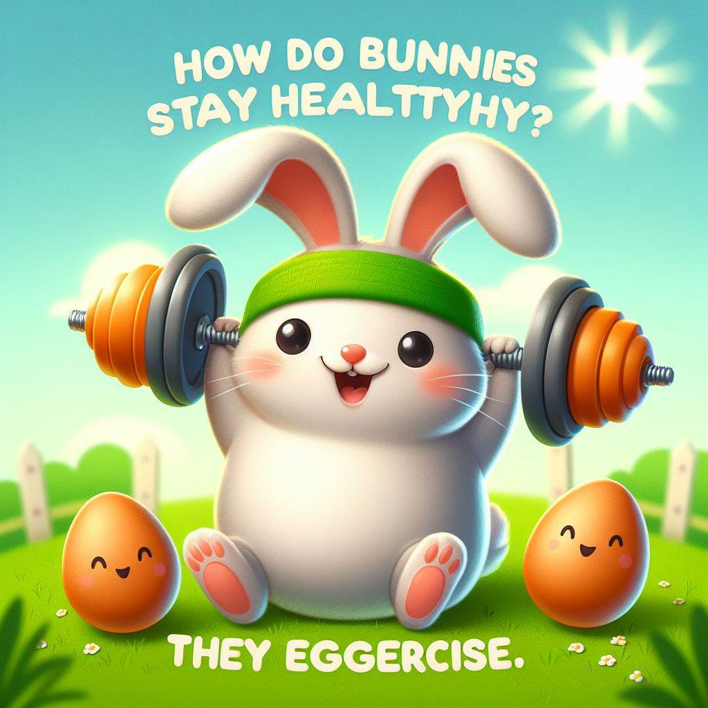 A cute and funny image of a bunny wearing a headband and holding an egg-shaped dumbbell in each paw. The bunny is smiling and doing a bicep curl. The background is green and sunny. The caption reads: 'How do bunnies stay healthy? They eggercise.'
