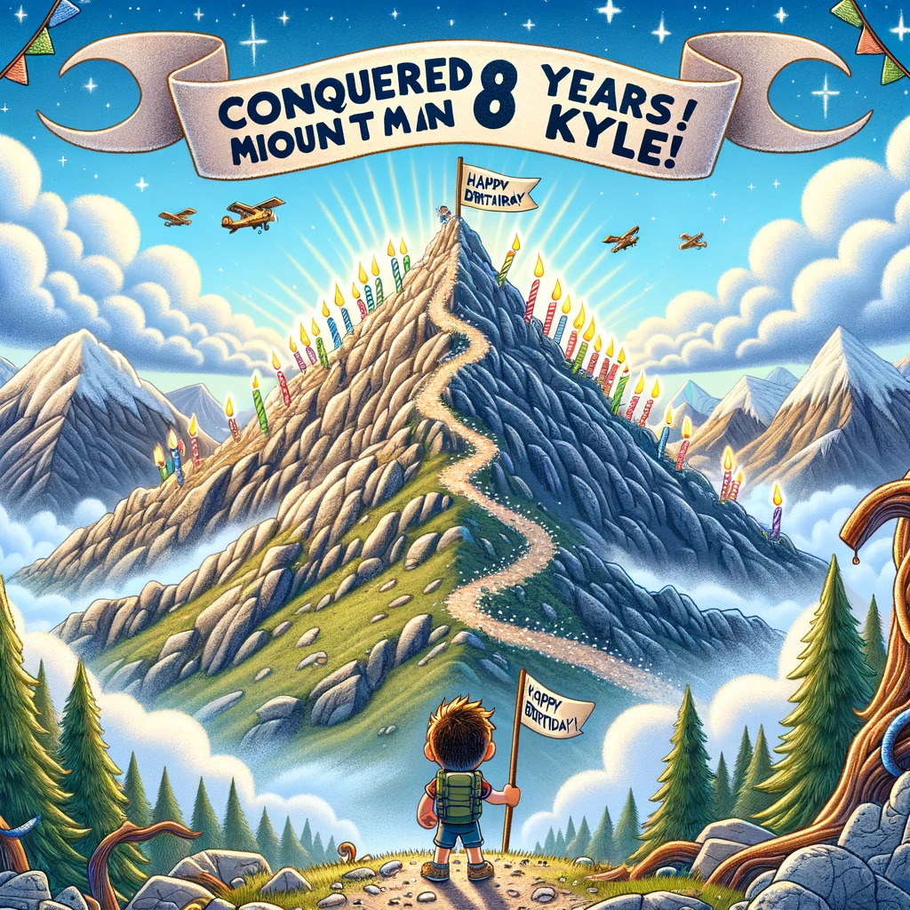 An enchanting and adventurous cartoon scene for an "Outdoor Adventure" theme birthday card for Kyle. The illustration showcases a majestic mountain landscape, complete with rugged terrain and a clear blue sky. At the top of the mountain stands a cartoon character of Kyle, triumphantly holding a flag that reads "Conquered 8 Years!" symbolizing his age. The mountain path is creatively adorned with a trail of candles, leading up to Kyle's summit. In the sky, a whimsical sky banner stretches across, proclaiming "Happy Birthday, Mountain Man Kyle!" The entire scene radiates a sense of achievement and adventure, perfect for celebrating Kyle's love for the outdoors and his birthday in a unique and exciting way.