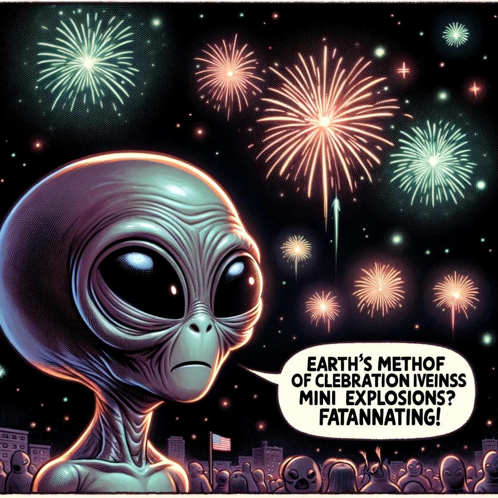 An alien watching fireworks for the first time, looking amazed but slightly scared. The fireworks are brightly colored in the night sky. The alien's expression is one of awe and a hint of fear. The caption at the bottom says, "Earth's method of celebration involves mini explosions? Fascinating!"