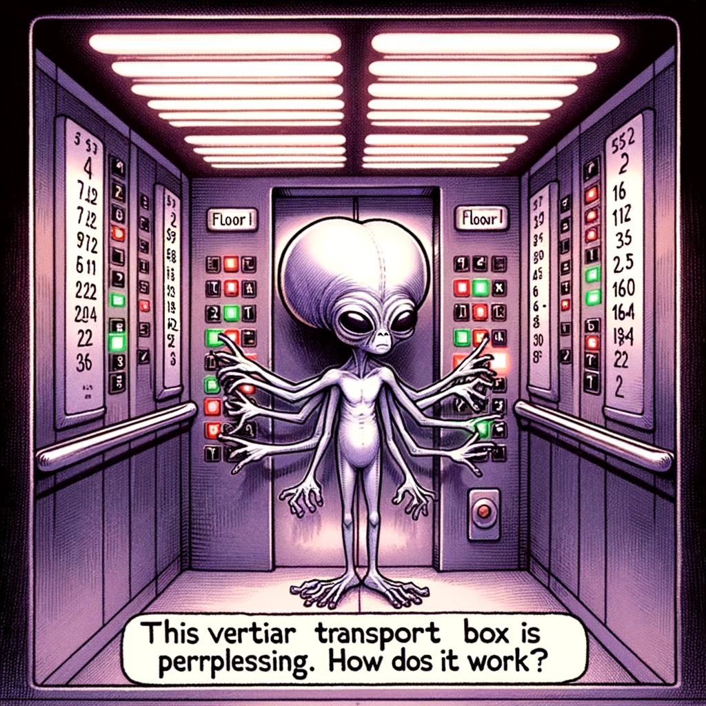 An alien in an elevator, pressing all the buttons with a confused expression. The elevator interior is visible, with floor numbers lit up randomly. The alien's multiple hands are pressing various buttons. The caption at the bottom reads, "This vertical transport box is perplexing. How does it work?"