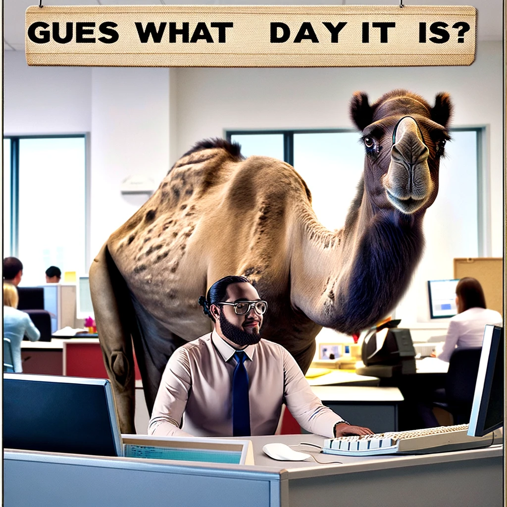 A humorous image of a camel sitting at a desk in a busy office, wearing a tie and glasses, looking at a computer screen. Above the camel, there is text that reads, "Guess what day it is?" The office setting is filled with typical office elements like computers, other desks, and office workers in the background, adding to the humorous contrast between the camel and its surroundings.