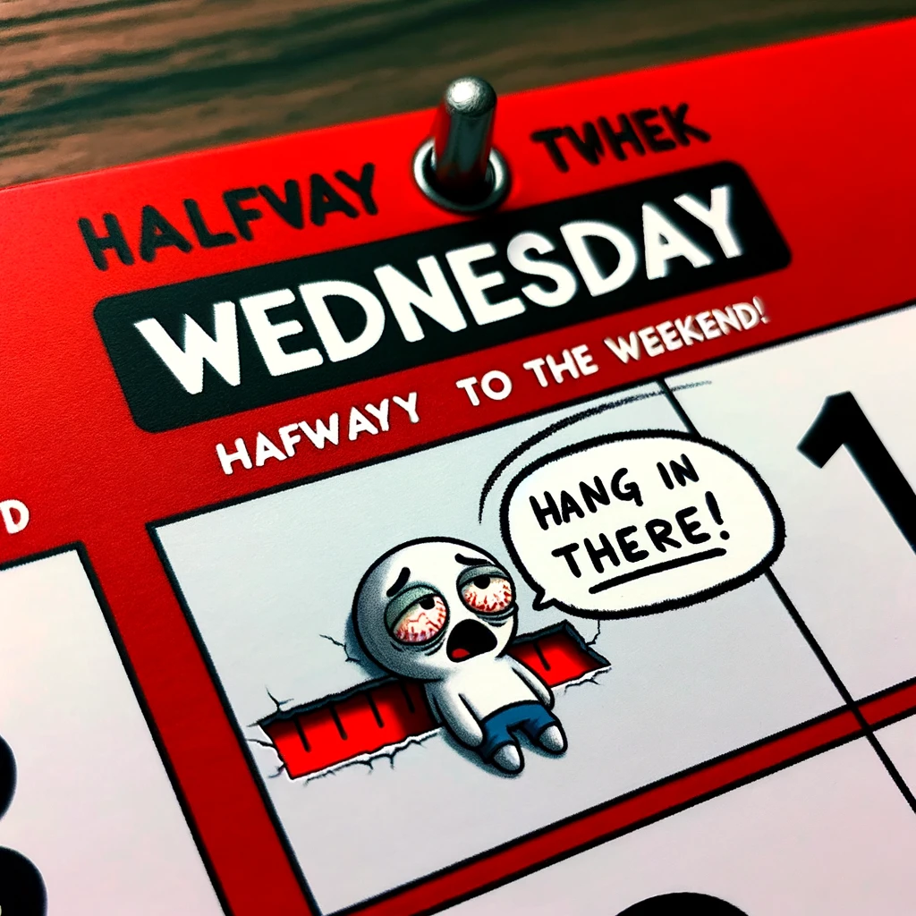 A close-up of a calendar with Wednesday dramatically circled in red. Above the calendar, the text says, "Halfway to the weekend!" Below, a small, tired-looking cartoon character is saying, "Hang in there!" The character should appear exhausted but hopeful, situated at the bottom of the image. The overall tone is humorous and relatable, with a focus on the mid-week struggle.