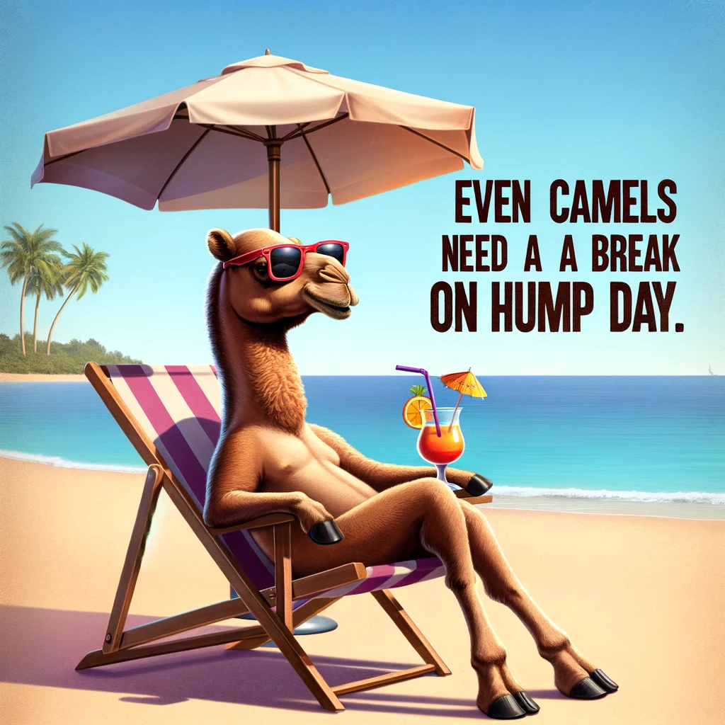A relaxed camel lounging on a beach chair under an umbrella, wearing sunglasses, with a tropical drink in hand. The scene depicts a beach setting with a clear blue sky and calm sea in the background. The caption reads, "Even camels need a break on Hump Day." The camel should appear content and relaxed, embodying the concept of taking a break midweek. The image is humorous and light-hearted, highlighting the whimsy of a camel enjoying a beach vacation.