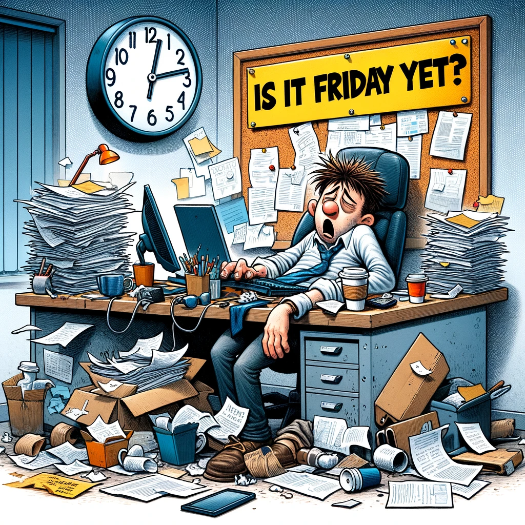 A cartoon of an exhausted employee slumped over their workstation, surrounded by piles of paper and coffee cups. The clock on the wall points to Wednesday. The text bubble says, "Is it Friday yet?" The employee should appear extremely tired and overwhelmed, symbolizing the mid-week exhaustion. The scene is set in an office environment with a chaotic desk, highlighting the humor in the struggle of getting through the week.