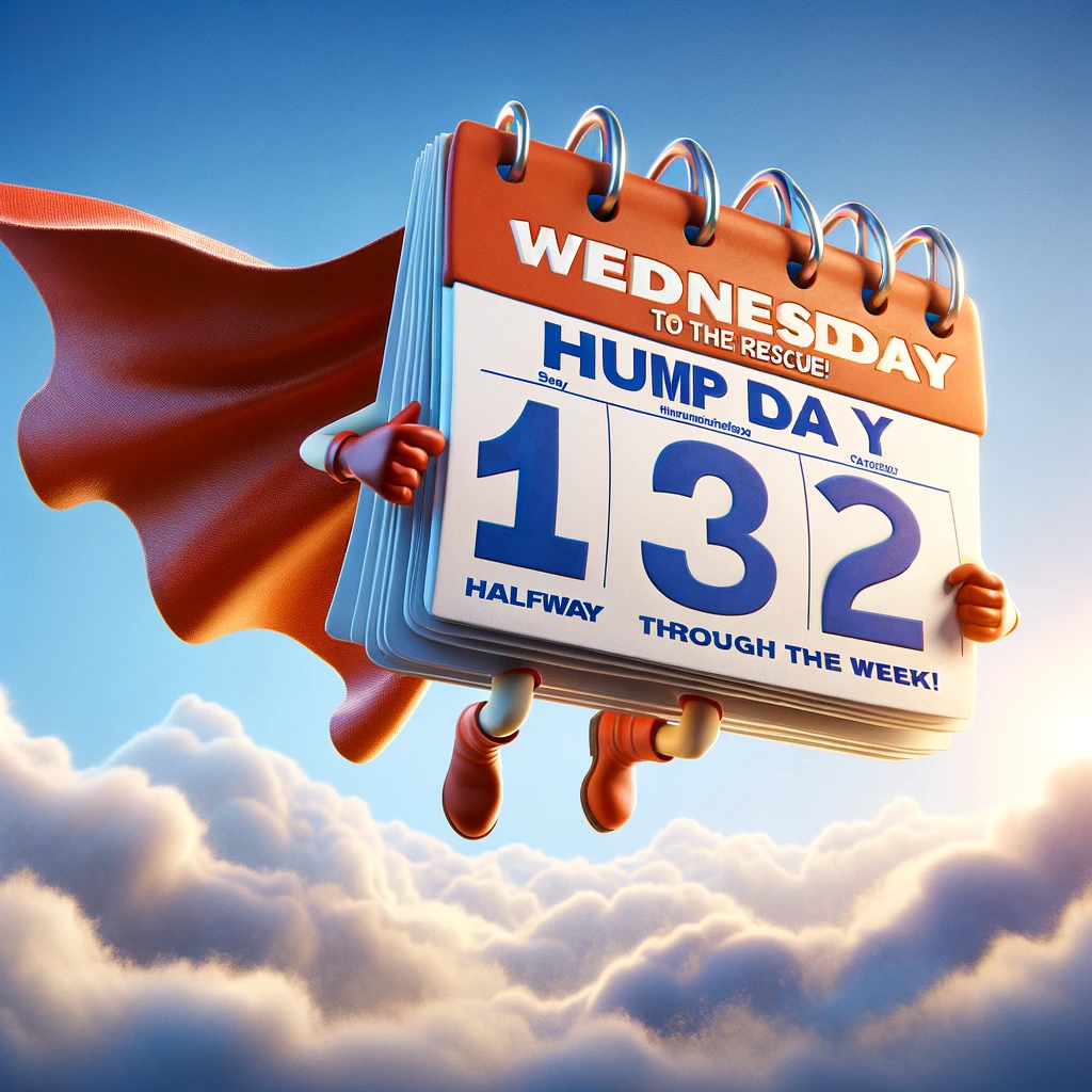 An animated image of a Wednesday calendar page wearing a superhero cape, flying against a sky background. The caption reads, "Hump Day to the rescue! Halfway through the week!" The calendar should be personified, giving it a heroic and dynamic appearance, symbolizing the relief of reaching midweek. The sky background adds to the feeling of triumph and overcoming challenges, with the cape fluttering as if in motion. The image combines elements of humor and inspiration.