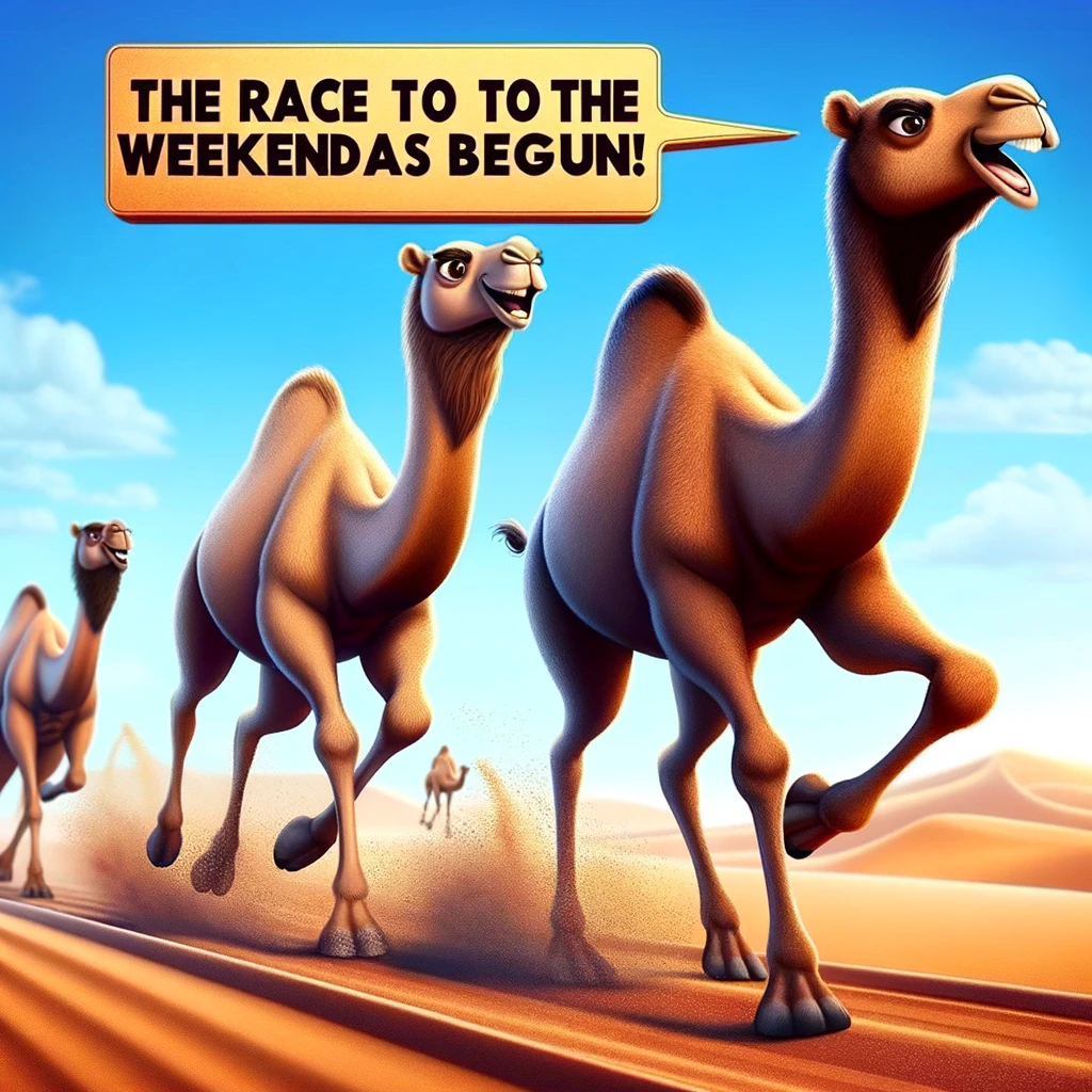 A funny image of two camels racing, with one camel slightly ahead, labeled "Me" and the other labeled "The Weekend". The text above says, "The race to the weekend has begun!" The camels should be animated in a humorous way, capturing the competitive spirit of racing towards the weekend. The background can be a desert racetrack, emphasizing the theme of 'hump day' and the midweek rush. The overall tone is playful and amusing, highlighting the eagerness for the weekend.