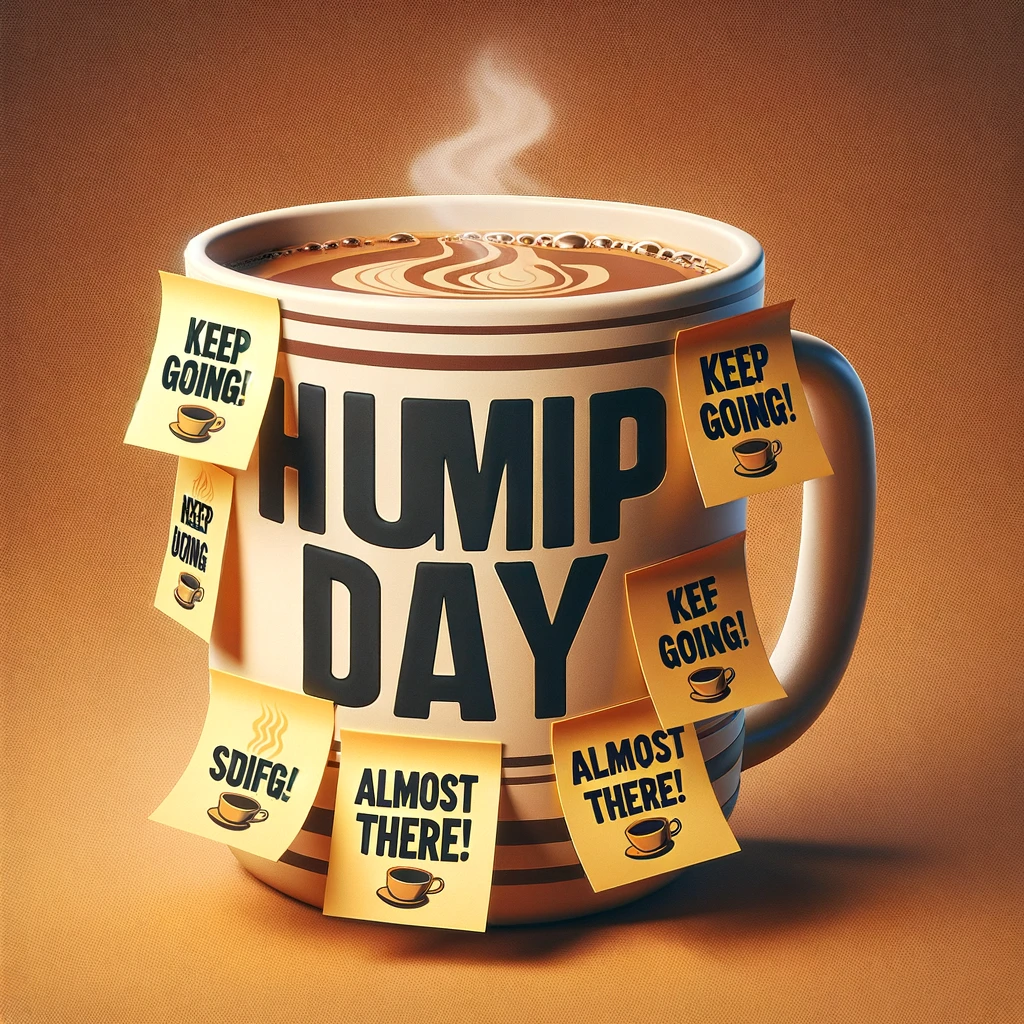 A large coffee mug with a bold caption, "Hump Day Fuel." Around the mug, there are sticky notes with motivational quotes like, "Keep going!" and "Almost there!" The mug should be front and center, filled with coffee, symbolizing energy and motivation. The sticky notes add a personal and relatable touch, emphasizing the need for encouragement to get through the week. The overall image is warm, inviting, and motivational, appealing to anyone needing a mid-week boost.