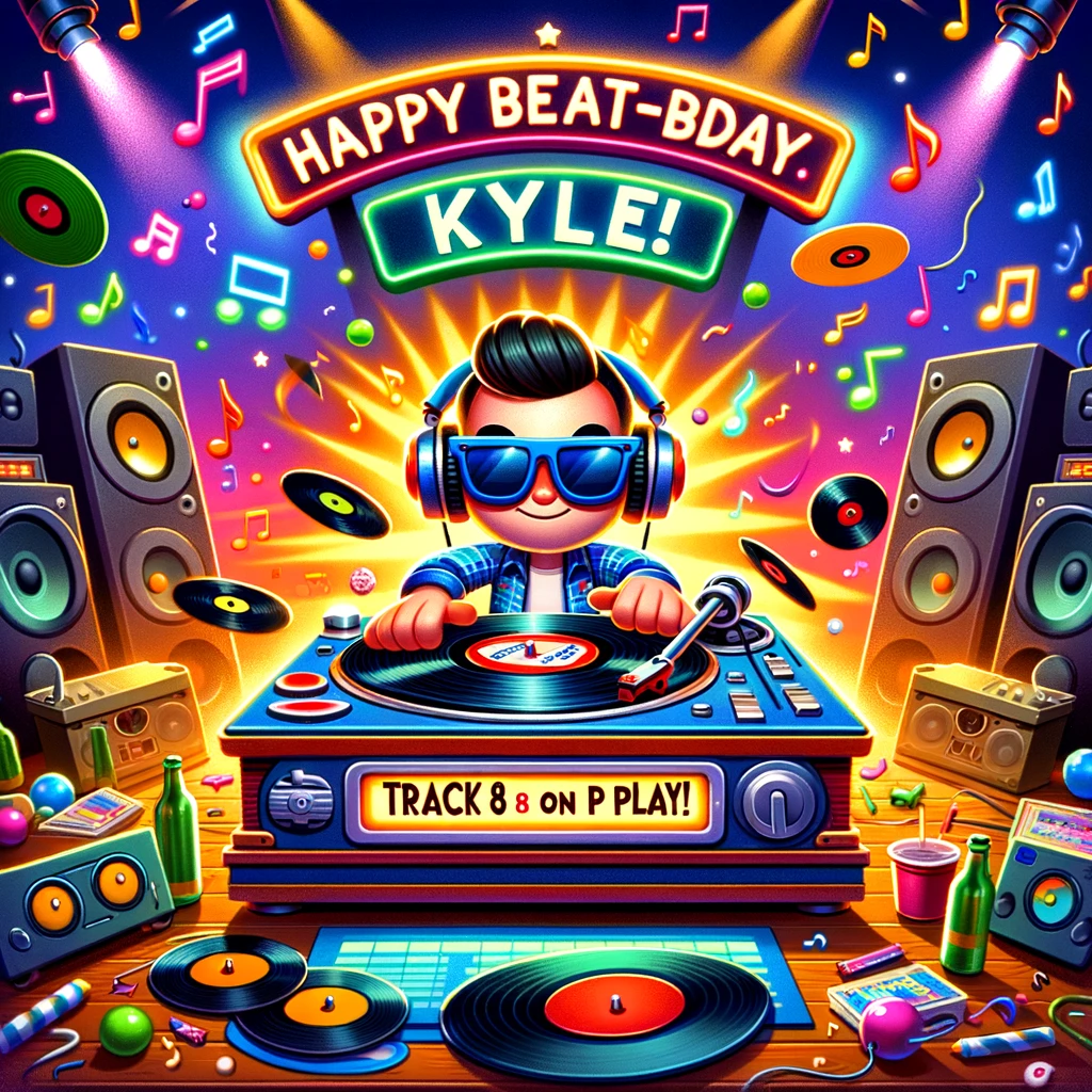 A vibrant and musical cartoon scene for a "Music Lover Kyle" theme birthday card. The scene is set in a lively party atmosphere where Kyle is depicted as a cool DJ, spinning at a turntable. The turntable is a hub of activity, surrounded by colorful musical notes and vinyl records that seem to fly around like frisbees. On the turntable's screen, it boldly displays "Track 8 on Play!" signifying Kyle's age. The background features a neon sign that radiates energy and reads, "Happy Beat-Day, Kyle!" This scene combines the elements of music, celebration, and a personalized touch for Kyle, making it a perfect birthday card for someone who loves music and DJing.