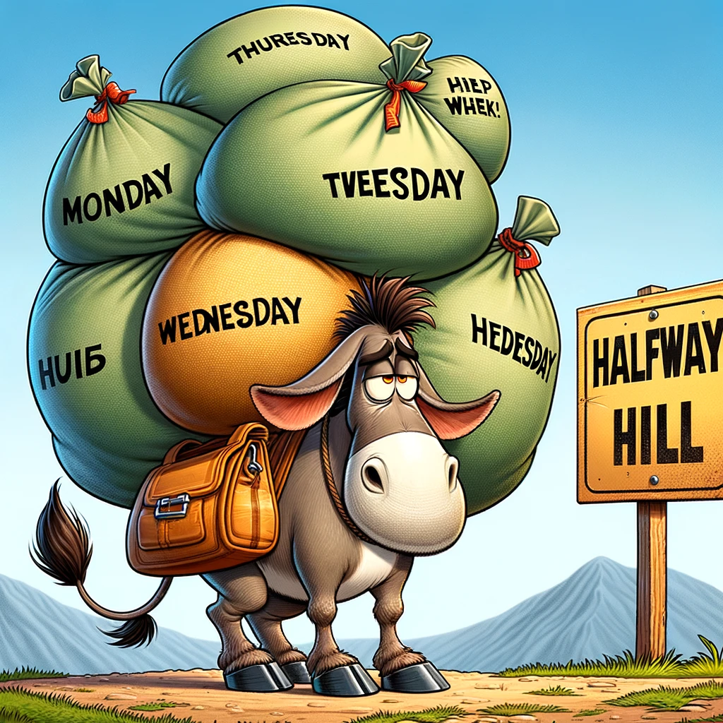 A cartoon donkey looking overwhelmed and loaded with bags labeled "Monday", "Tuesday", and "Wednesday". The donkey is standing next to a sign that says "Halfway Hill." The donkey should appear comically burdened, yet determined, symbolizing the load of the work week. The background should be a hill, reinforcing the concept of 'hump day' and the challenge of reaching the midpoint of the week. The image conveys a sense of humor and perseverance in the face of weekly challenges.