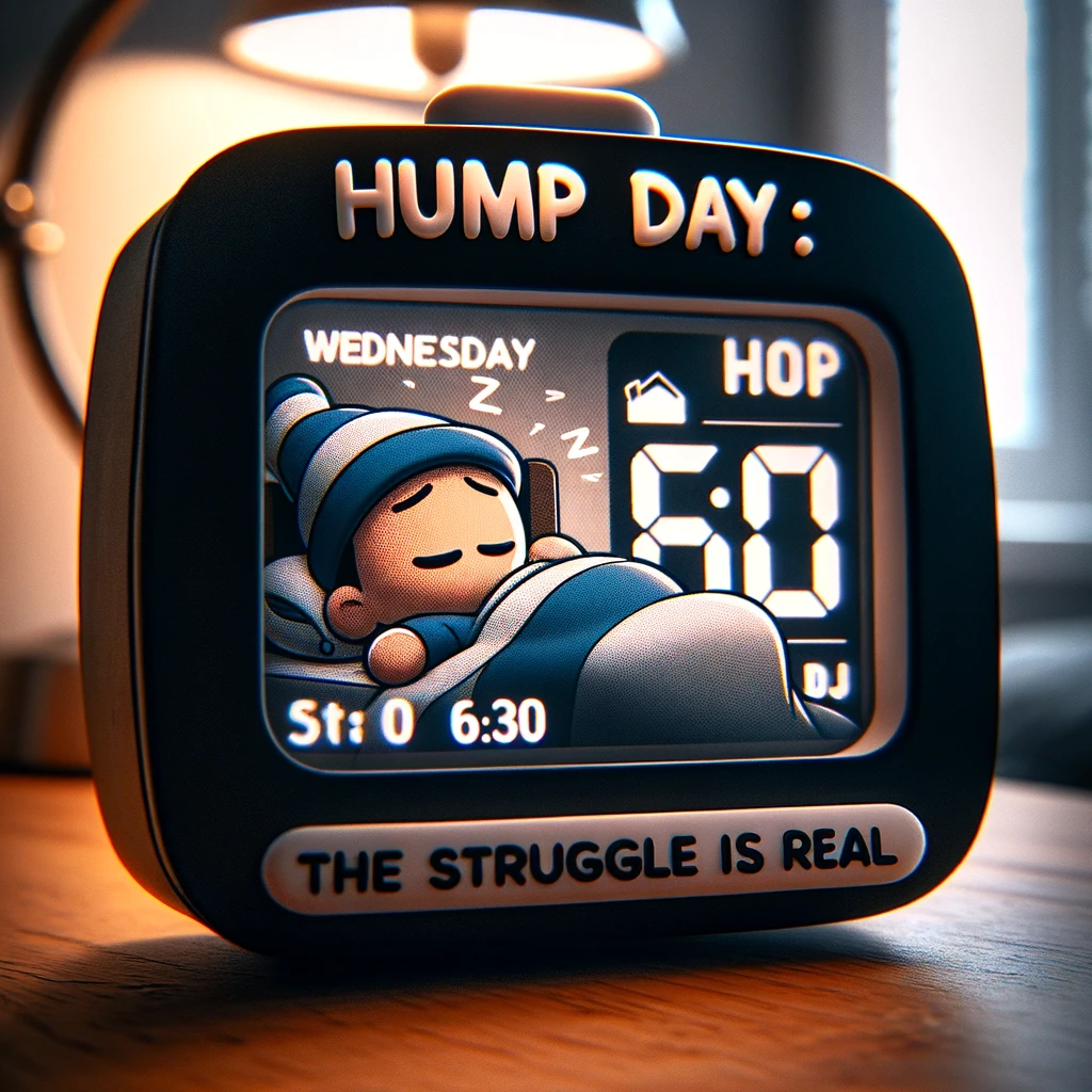 A digital alarm clock showing 6:00 AM on a Wednesday, with a sleepy cartoon character hitting the snooze button. The text says, "Hump Day: The struggle is real." The clock should be prominent, with the time and day clearly visible. The cartoon character should appear groggy and reluctant to wake up, embodying the feeling of mid-week fatigue. The scene should be set in a bedroom, emphasizing the morning routine and the challenge of getting up on 'hump day'. The overall tone is relatable and humorous.