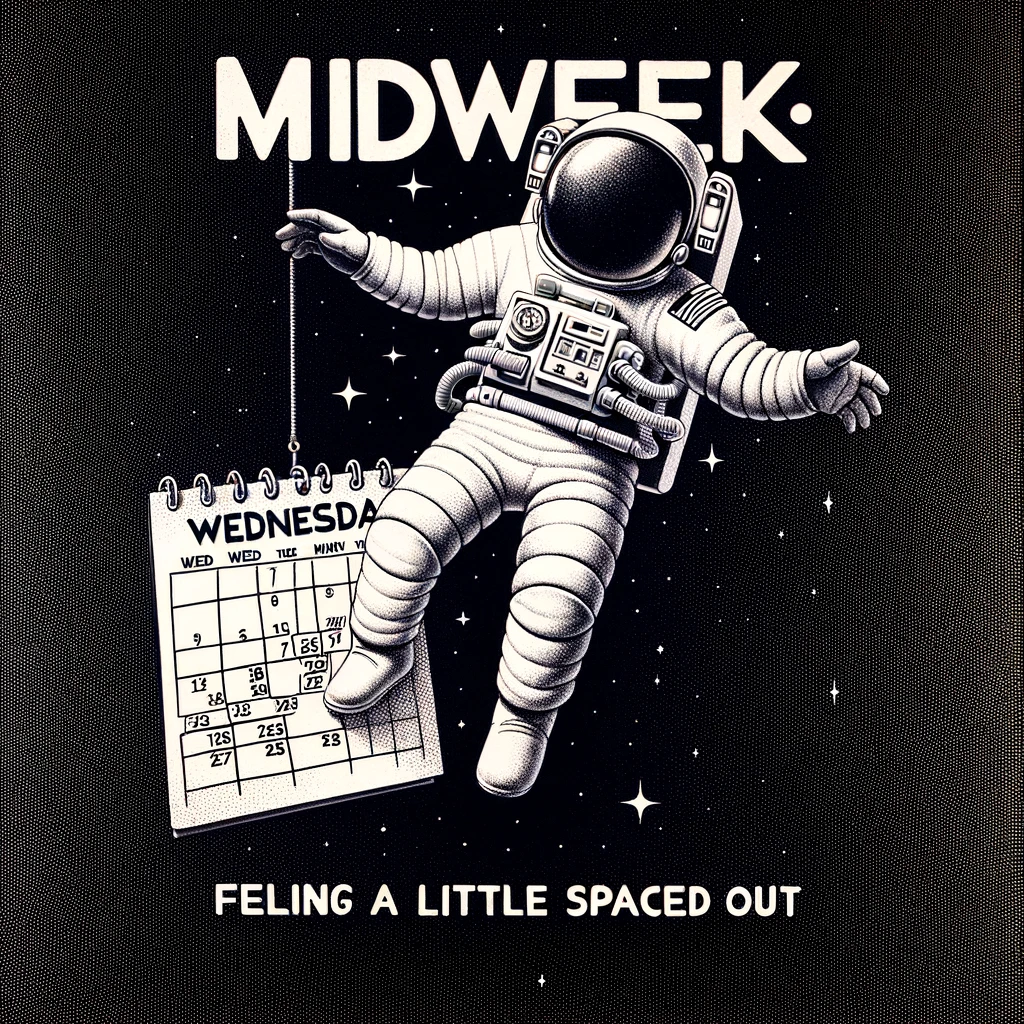 An astronaut floating in space, next to them a calendar floating with Wednesday circled. The astronaut appears slightly bewildered. The caption below reads, "Midweek: Feeling a little spaced out." This image should convey a sense of humor and whimsy, with the astronaut in a classic space suit and the calendar clearly visible.
