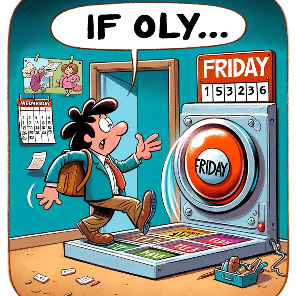 A humorous cartoon of a person stepping into a time machine with a large button labeled "Friday". The calendar on the wall shows it's Wednesday. The cartoon character looks hopeful. The caption reads, "If only..." The image should be colorful and funny, emphasizing the longing for the weekend.