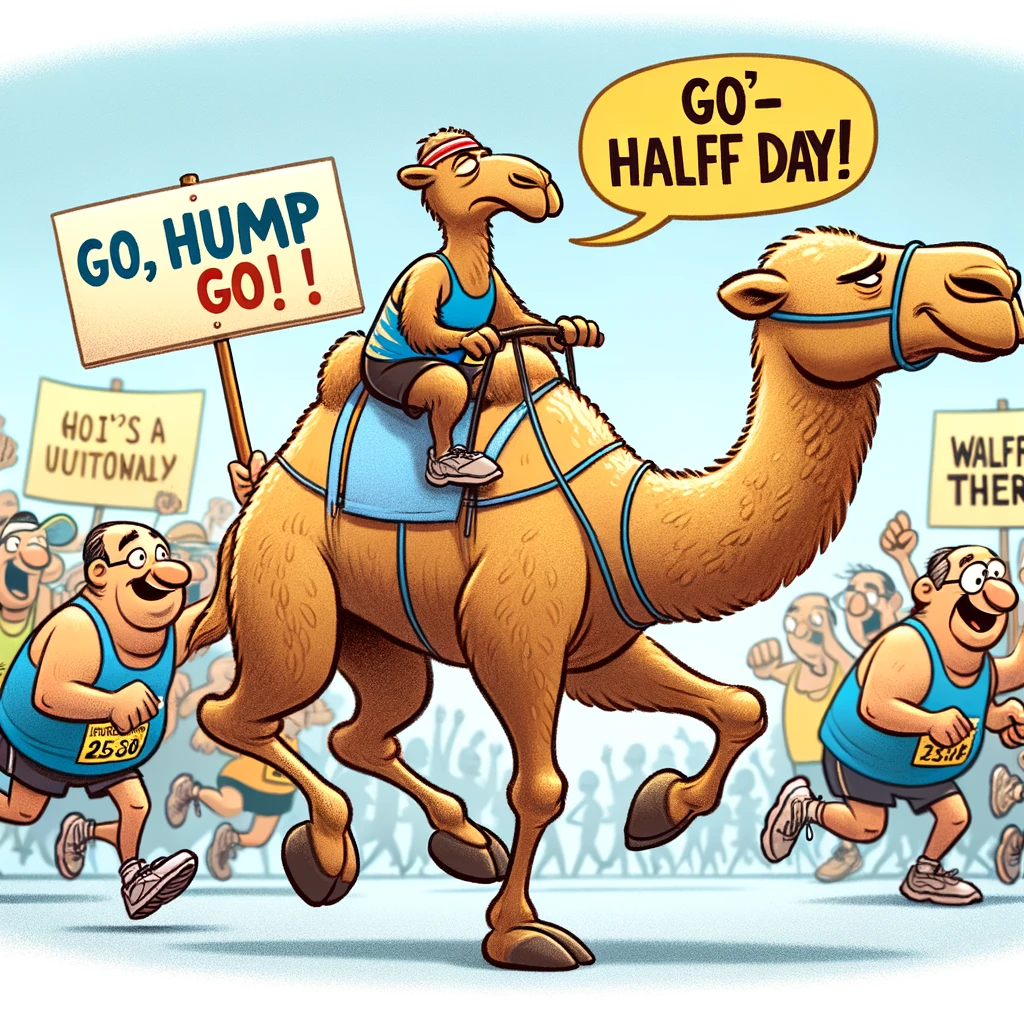 A camel running in a marathon, looking tired but determined, surrounded by spectators. The spectators are holding signs that say, "Go, Hump Day, go!" and "You're halfway there!" The image should be lively and comical, capturing the essence of a marathon with a humorous twist. The camel should be in typical running gear, adding to the humor.